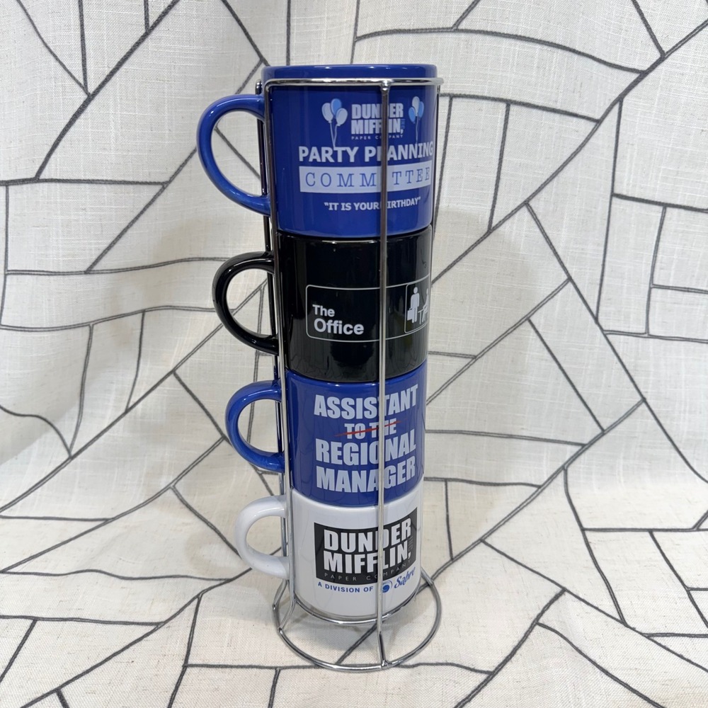 The Office NBC Universal Mug Set 10oz Blue Black White Stackable with Rack 4pc